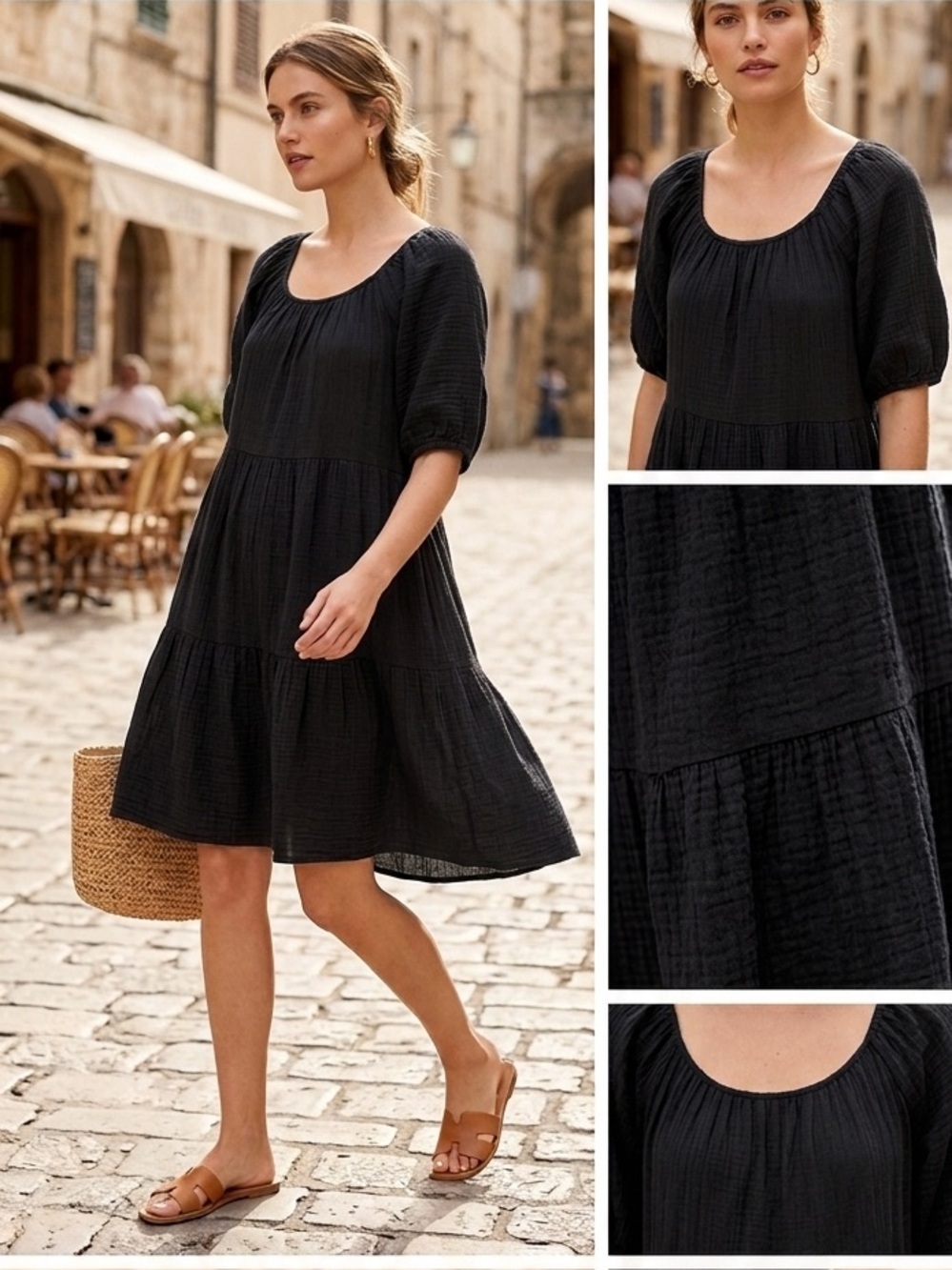 Old Navy Midnight Black Midi Seersucker puff sleeve Babydoll tiered Dress small